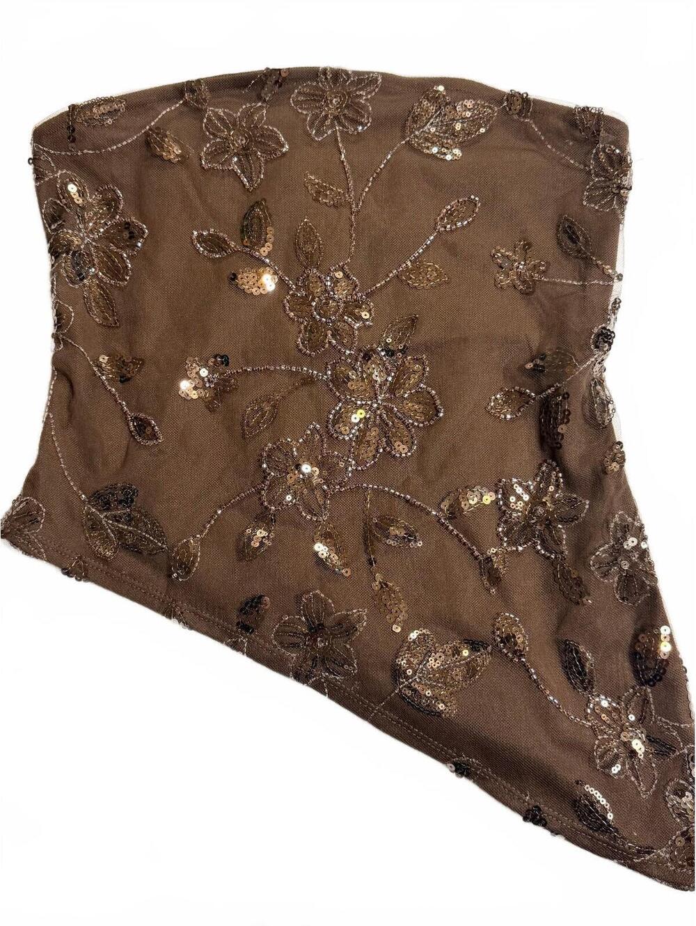 Just Polly Brown Strapless Sequin Floral Embroidered Asymmetrical Top M